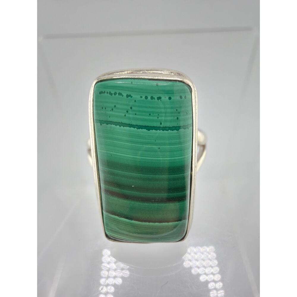 Rectangular Malachite Vintage Style Split Shank 925 Sterling Silver Ring SZ 8.5 - Picture 4 of 7